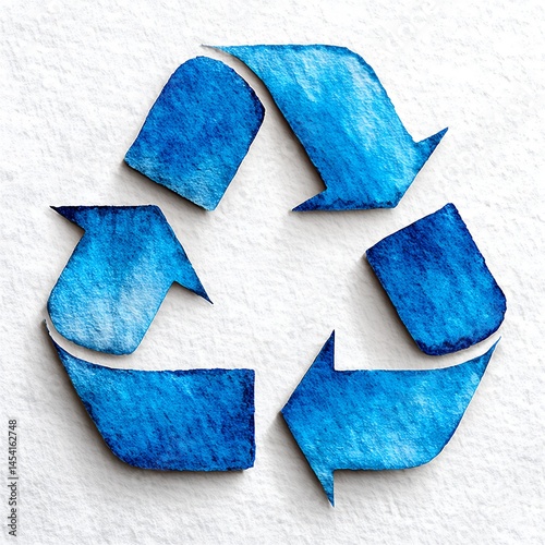Watercolor style blue recycling symbol on a textured white background. The symbol is three dimensional with soft edges and subtle shading, creating a sense of depth and texture.