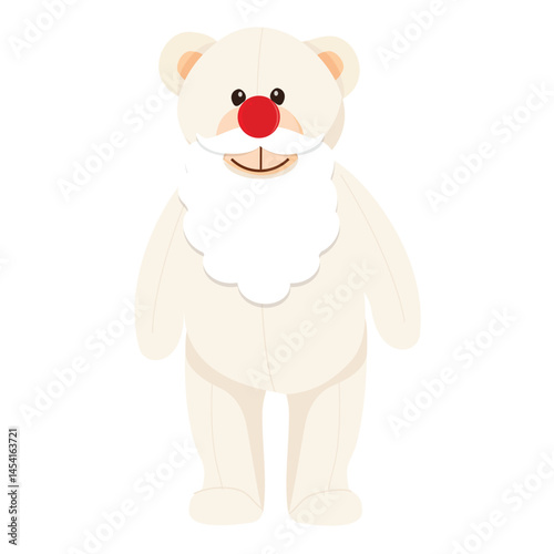 White polar bear cartoon character in christmas Santa Claus beard, mustache and red nose. Funny cute teddy mascot icon