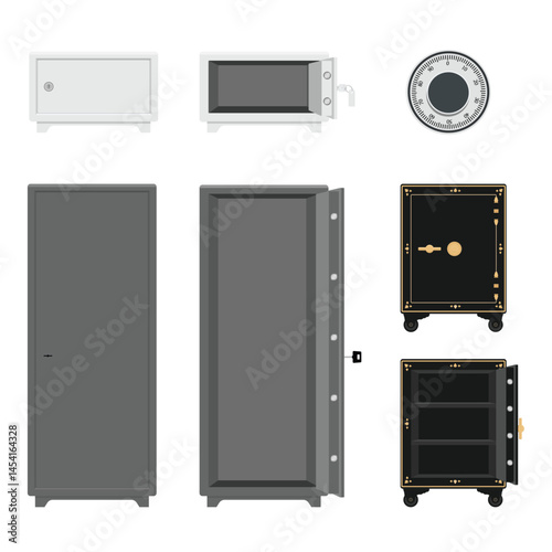 Various bank steel safes isolated on white background. Safe boxes set, collection