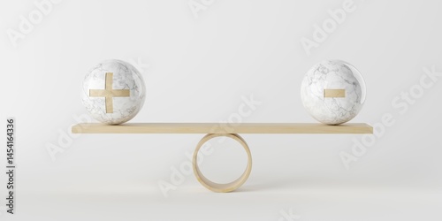 Cuadro en lienzo Wooden seesaw balanced with plus and minus symbols in marble spheres on white ba