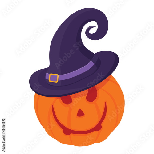 Halloween pumpkin with funny spooky face and purple witch hat isolated on white background for holiday design