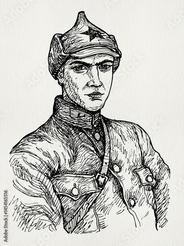 Young soldier, antique portrait, ink, line, book illustration
