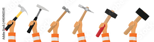 Hand hold various construction tools. Hammer types: mallet, Warrington, ball pein, club hammer, sledge hammer, and claw hammer