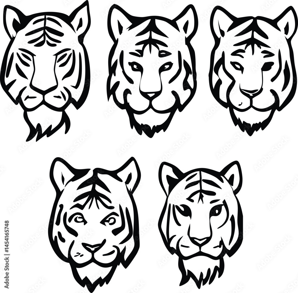 Fototapeta premium Tiger head vector set showcases wild feline illustrations and designs, perfect for a bold animal logo or tattoo