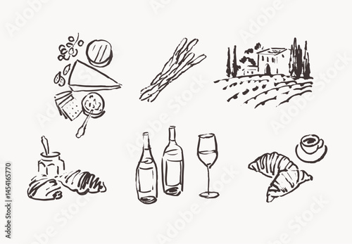 Line art drawings, wine and charcuterie illustrations