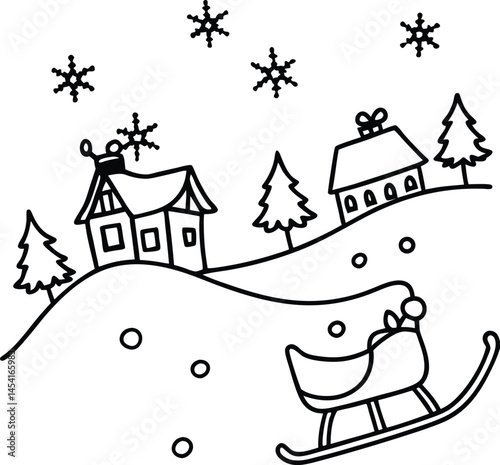 A snowy winter night scene on a Christmas card shows Santa Claus visiting a house where a snowman stands amid the holiday landscape