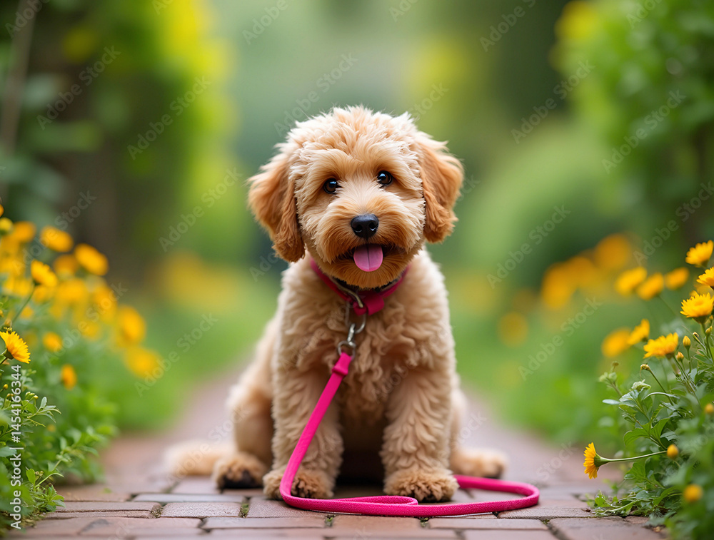 Cute puppy sitting on a brick pathway surrounded by vibrant yellow flowers on a sunny day in a peaceful garden