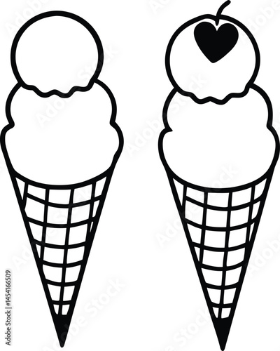 A delightful vector set features a creamy ice cream collection with chocolate, vanilla, and strawberry flavors in cones, perfect for a sweet summer snack illustration