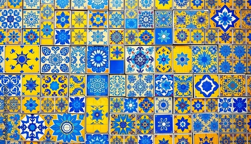 Vibrant Sicilian tiles in blue, yellow & white, intricate mosaic patterns  ,  yellow tiles,   tile art