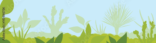 Garden nature background, pattern with green leaves, plants and flowers. Leaf greenery, lush garden, floral banner, botanical border for design