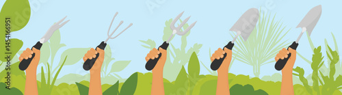 Gardener, farmer hand hold various gardening tools garden shovel, fork, ripper on greenery garden background