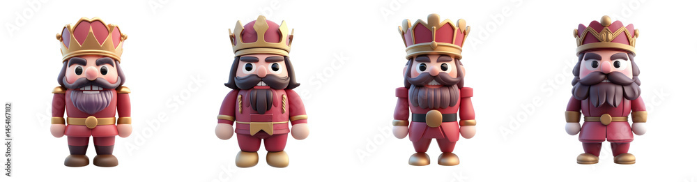 Obraz premium Four Cute 3D Rendered Nutcracker Kings in Red Uniforms and Golden Crowns Perfect for Holiday Season