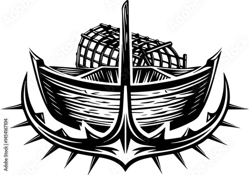 SVG vector illustrating sustainable fishing with fishermen. Vintage Nautical Illustration of a Boat with Anchor and Compass Rose