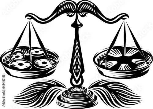 SVG vector illustrating sustainable fishing with fishermen. Black and White Illustration of Scales Representing Justice Symbol