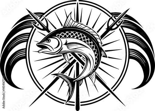 SVG vector illustrating sustainable fishing with fishermen. Graphic Illustration of Fish Surrounded by Spear and Sunburst Design