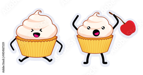 Collection of cute cupcake dessert characters with smiling faces in various poses
