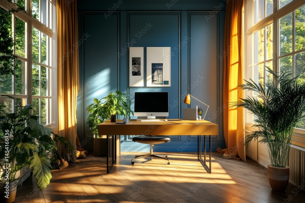 Fototapeta premium Sunlit Home Office Interior with Blue Walls and Yellow Curtains