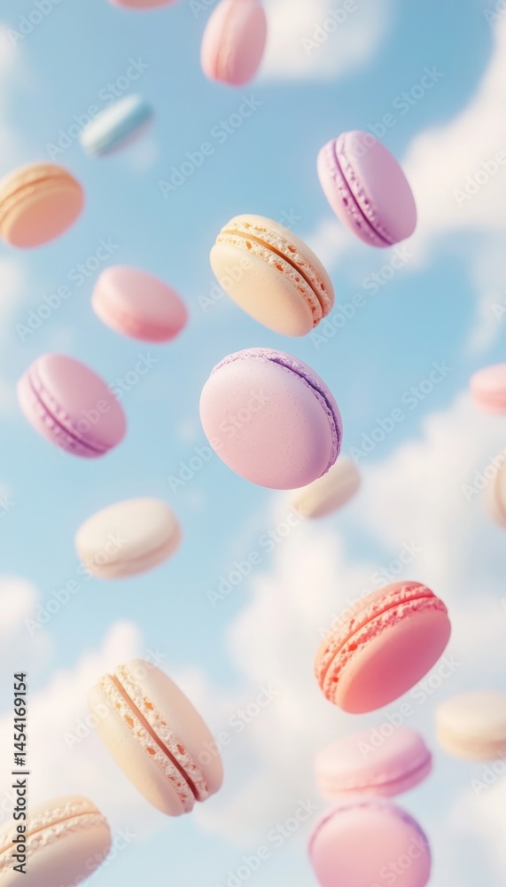 Fototapeta premium Charming pastel macarons gracefully floating in a whimsical sky with a soft focus effect
