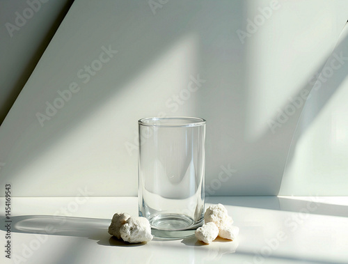 Empty clear glass with scattered white stones on a bright surface during morning light