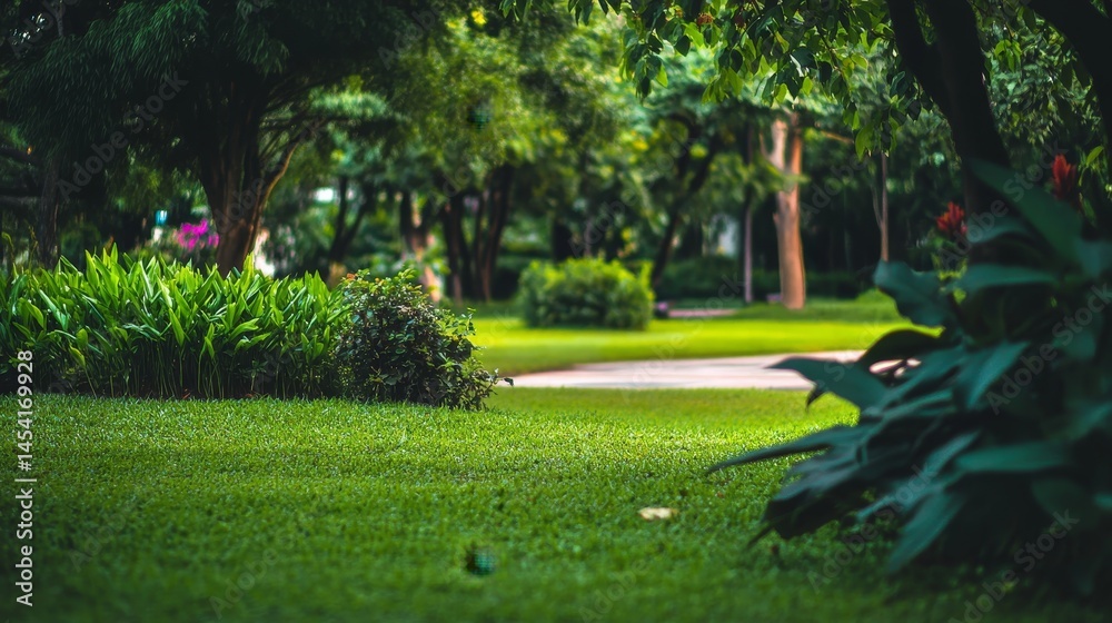 Obraz premium Serene park scene with lush greenery and a dreamy bokeh background for a realistic atmosphere