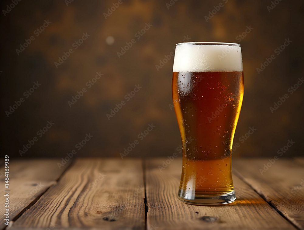 Glass of golden beer sits on a rustic wooden table against a blurred background, capturing a warm, inviting atmosphere for relaxation