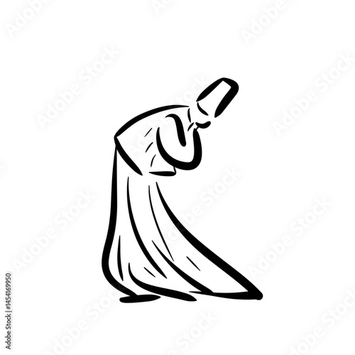 Silhouette of people dancing at sema ceremony. Hand drawn line vector illustration.