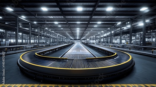 A modern airport baggage handling system with a long curved conveyor belt in a spacious industrial hall.