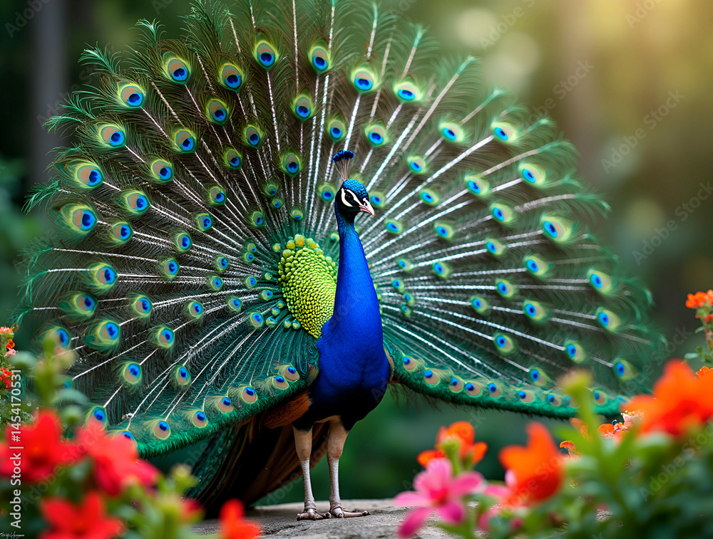 Majestic peacock displays vibrant plumage amidst colorful flowers in a lush garden setting during daylight hours
