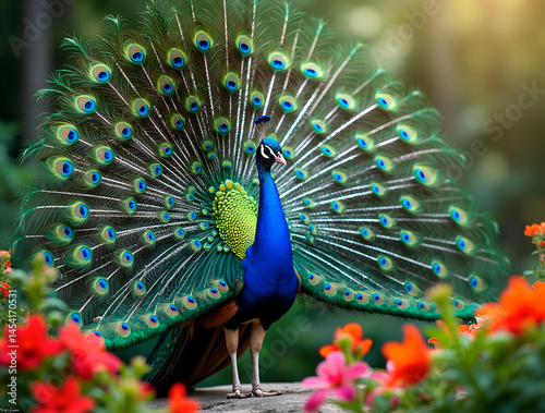 Obraz na płótnie Majestic peacock displays vibrant plumage amidst colorful flowers in a lush garden setting during daylight hours w salonie