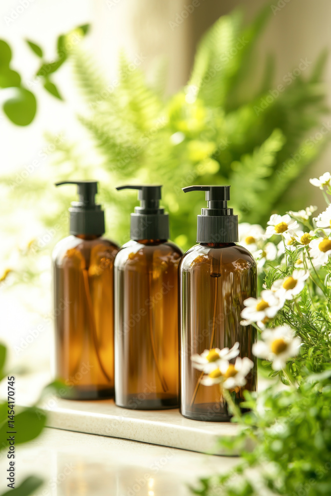 Elegant brown bottles with natural plants in a serene spa-like setting.