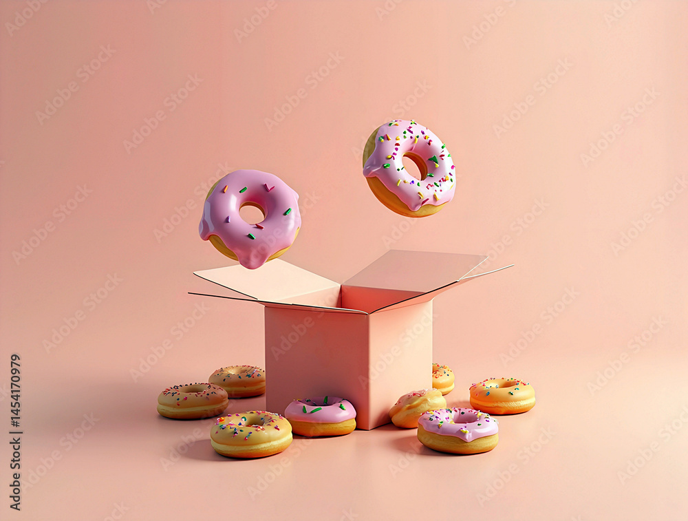Colorful donuts floating above an open box on a pastel background showcasing a delightful dessert arrangement