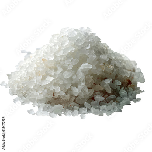 Pile of white and gray granular salt on transparent background, with some brown specks visible in the crystal mound perfect for culinary, healthy eating, spa, or food concept.