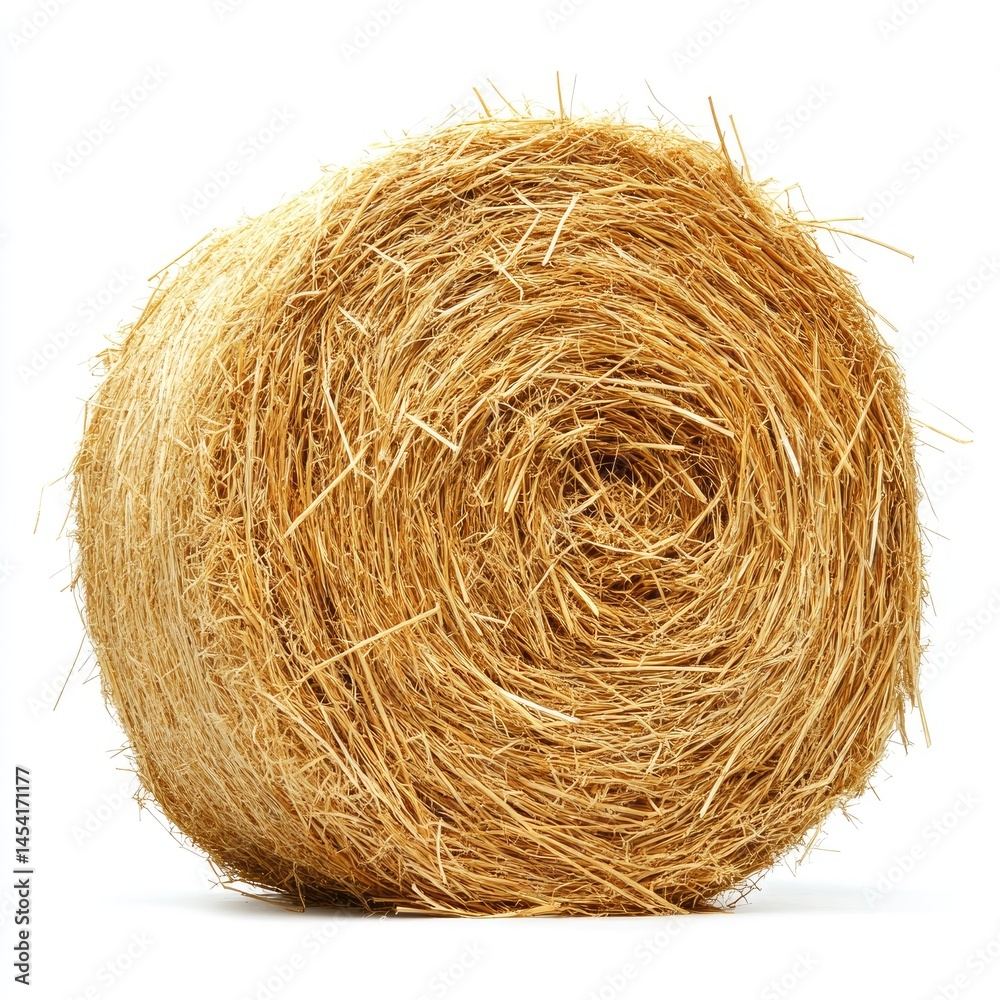 Round bale of straw, tightly rolled and golden-tan in color, isolated on a white background. Close-up view displays the intricate spiral layers of the bale Round bale of straw, tightly rolled and golden-tan in color, isolated on a white background. Close-up view displays the intricate spiral layers of the bale