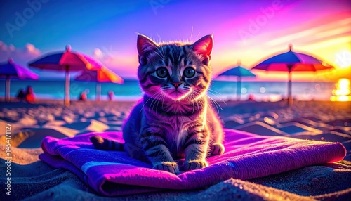 Cat relaxing on a beach towel at sunset near colorful umbrellas by the ocean shore