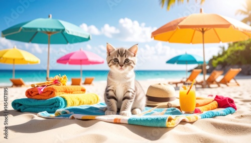 Cat enjoys a sunny day at the beach with colorful umbrellas and a refreshing drink nearby
