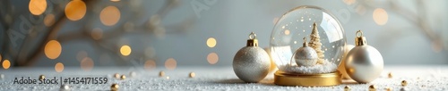 Elegant white & gold Christmas baubles, empty glass snow globe Festive holiday decor , new year, gold, isolated