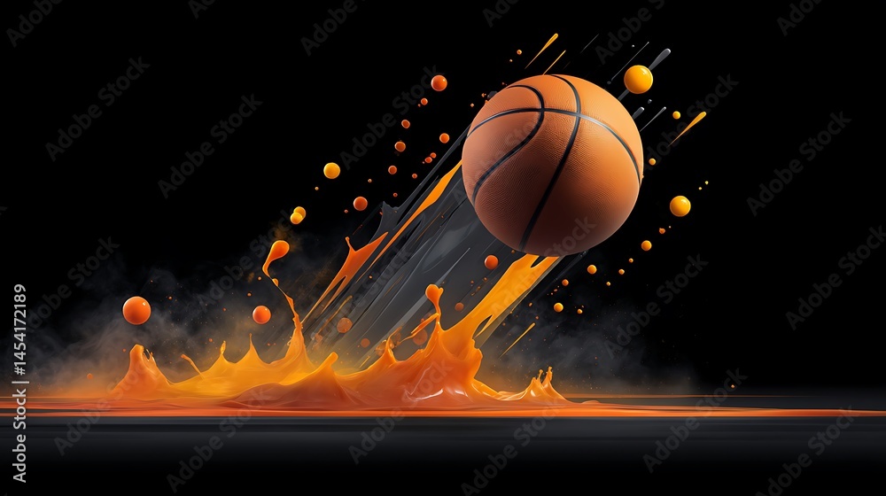 Fototapeta premium Basketball splashing into orange liquid, dynamic motion, black background.