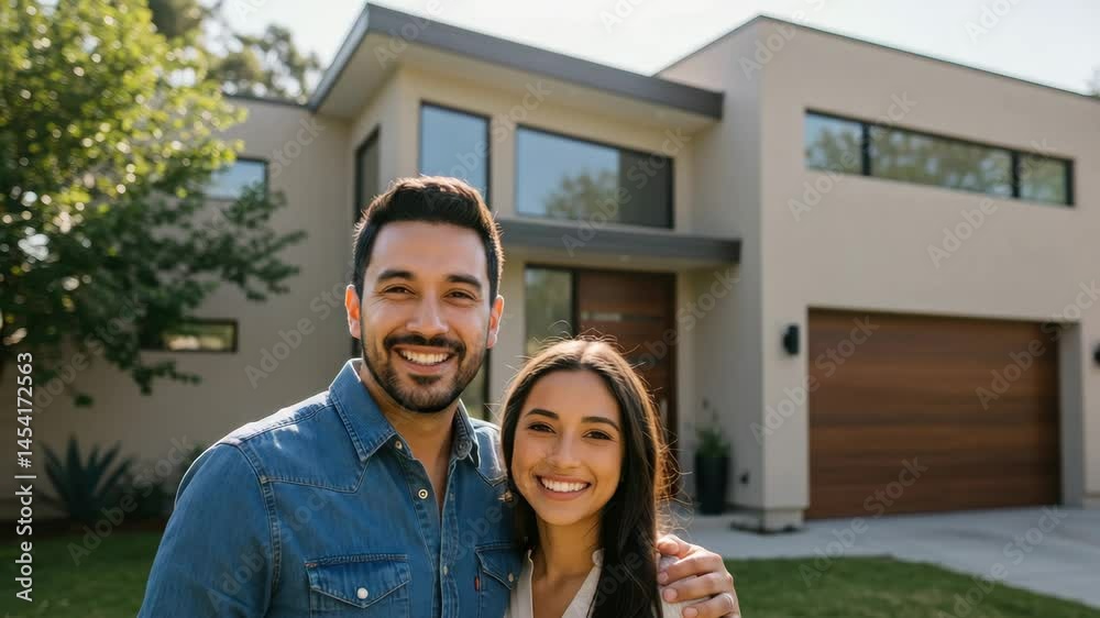 Smiling couple stands together outside their contemporary house surrounded by greenery