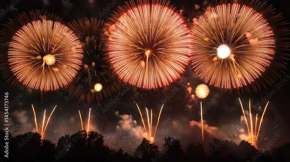 Spectacular display of red fireworks illuminating the night sky over a dark landscape