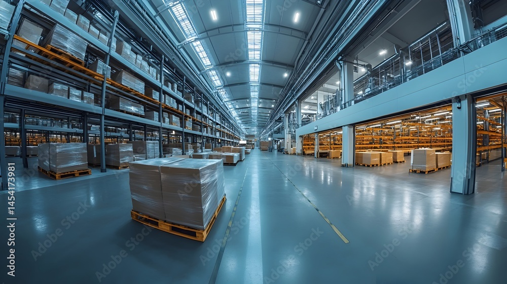 Fototapeta premium A vast modern warehouse interior showcases high-bay racking systems filled with stacked cardboard boxes on pallets ready for distribution and