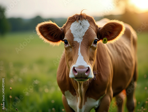 Obraz na płótnie Brown cow grazing in a sunny pasture during late afternoon with soft sunlight illuminating its features and surroundings w salonie