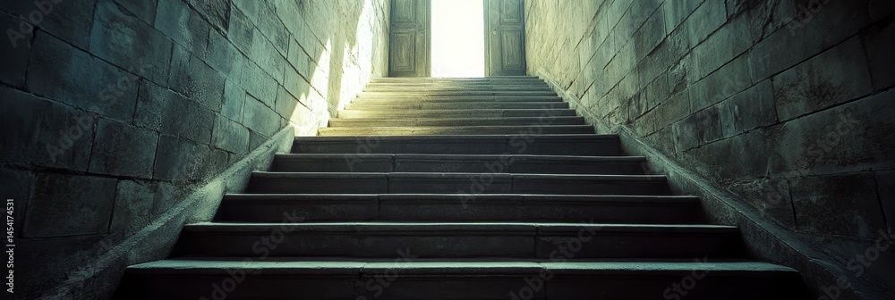 Stone steps leading to a darkened interior of an ancient building, inviting but mysterious with dramatic lighting effects.