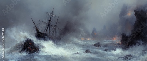 Shipwreck Stormy sea scene. Tall ship crashes among rocks amidst tumultuous waves and dark clouds
