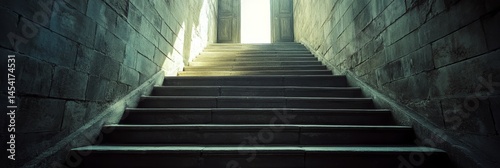 Stone steps leading to a darkened interior of an ancient building, inviting but mysterious with dramatic lighting effects.