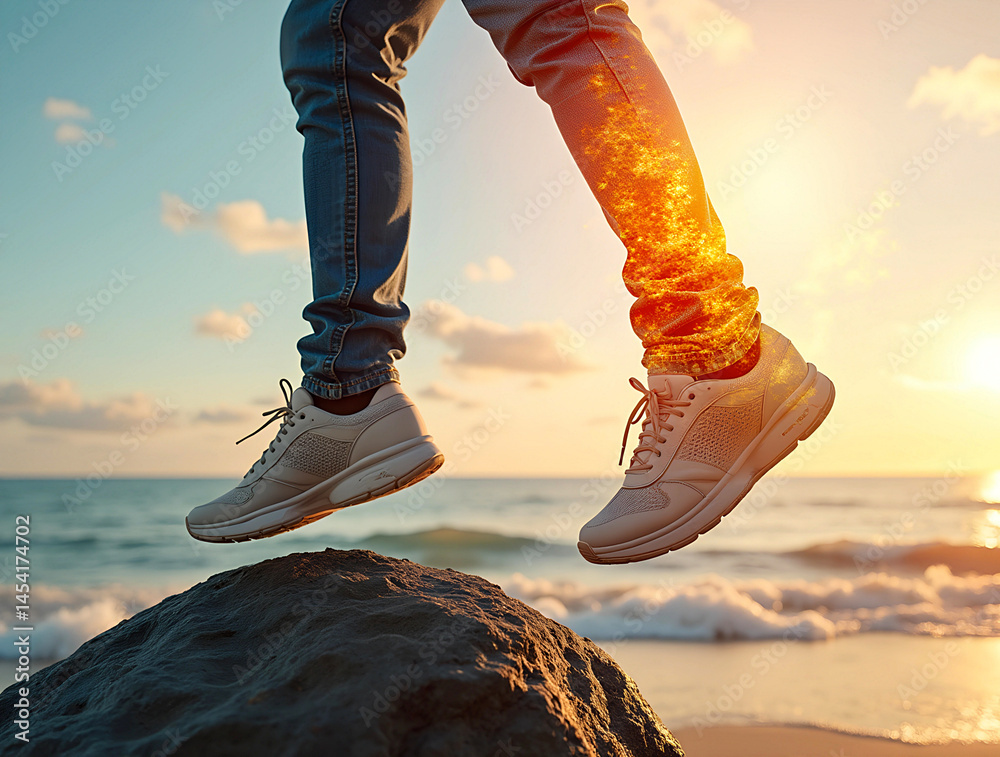 Jumping in the sunset along the beach with waves crashing in the background during a warm evening