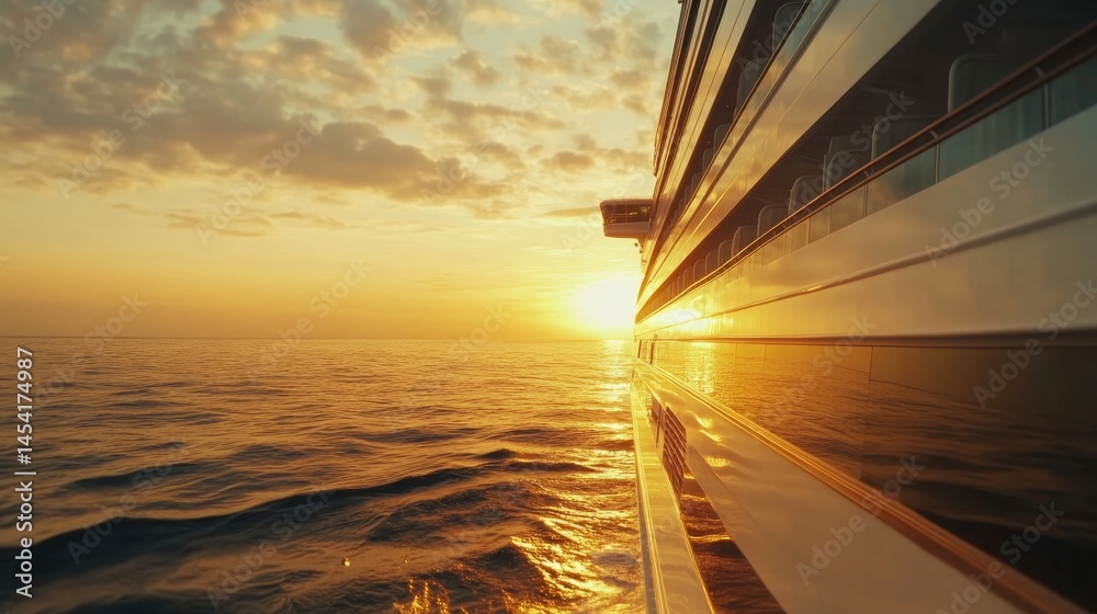 Cruise ship sailing at sunset.