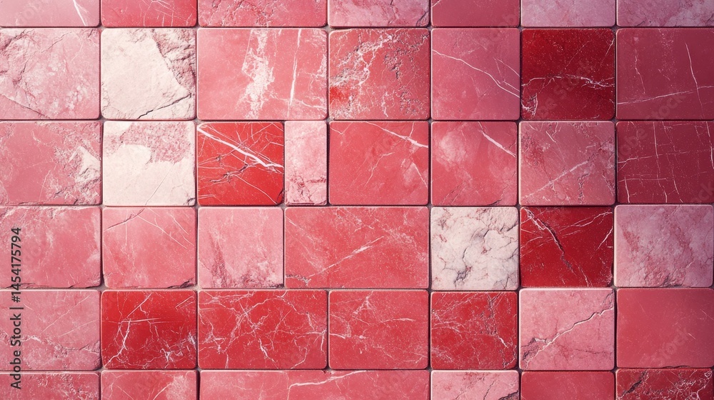Abstract marble mosaic tile wall in red and pink blocks with natural stone pattern. Creative interior design for modern decor.