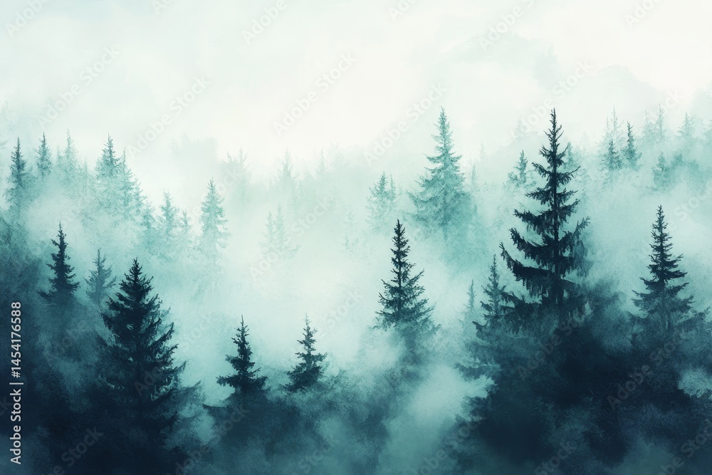 Foggy morning in a forest of tall pine trees.