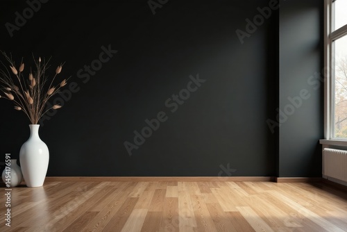 Minimalist Interior Design Empty Room with Dark Wall, Light Wood Floor, and Dried Floral Arrangement in White Vase