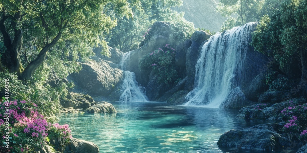 A serene jungle stream, teeming with life and waterfalls
